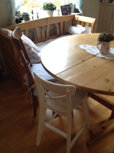 The kitchen bench and table and Ingolf chairs from IKEA
