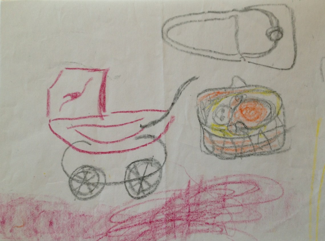 My favorite drawing of a baby carrier and a baby from about 1957
