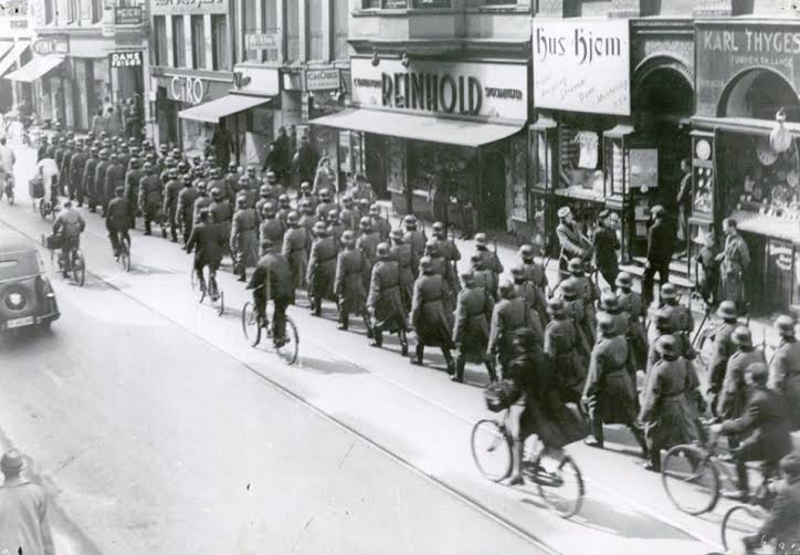 German soldiers marching in central Copenhagen during the war