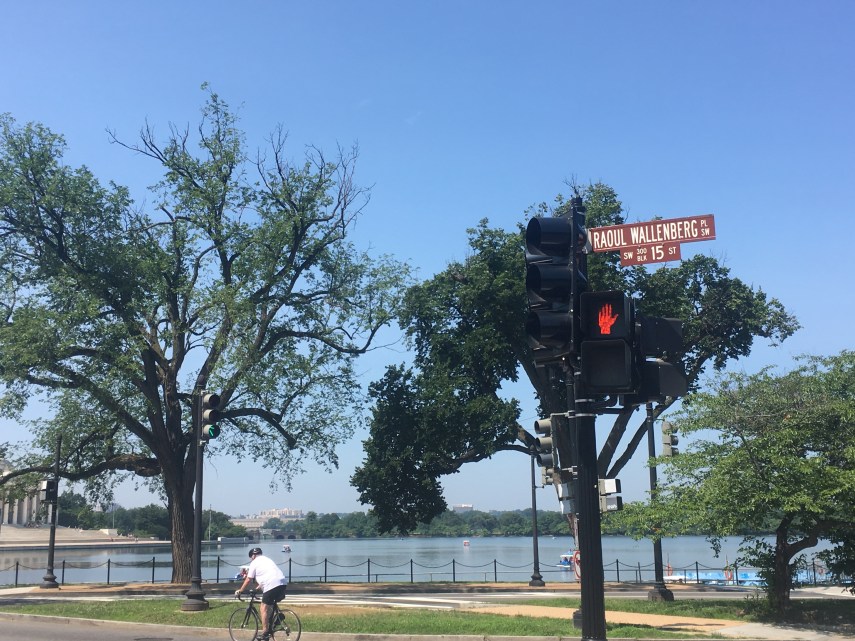 The Holocaust Museum and the "upside down house" memorial for the lost Jewish children at Raoul Wallenberg Pl.