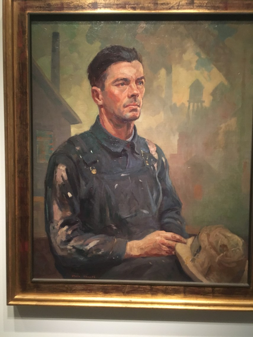 From the description on the painting: A WorkmanAn unemployed steelworker, World War I veteran, Arkansas;exposes the hardship of unemployment during the Great Depression