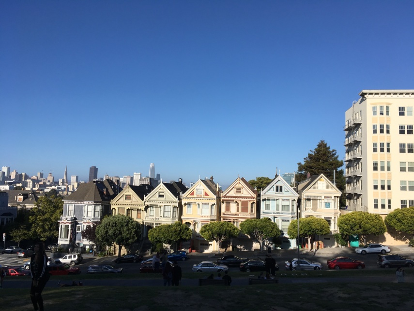 "The Pink Ladies" a row of Victorian houses is a tourist attraction at Alomo Park  in SF