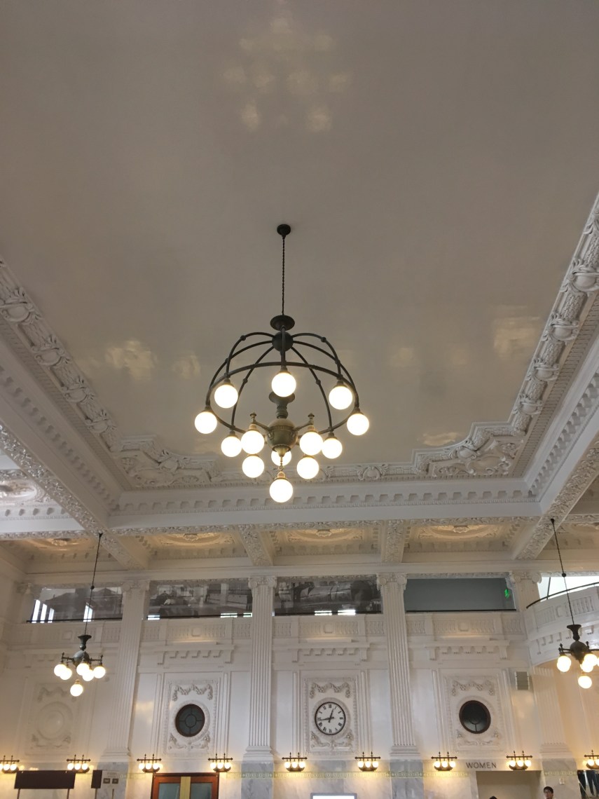 The ceiling and plaster walls and lamp in the renovated King Street Station