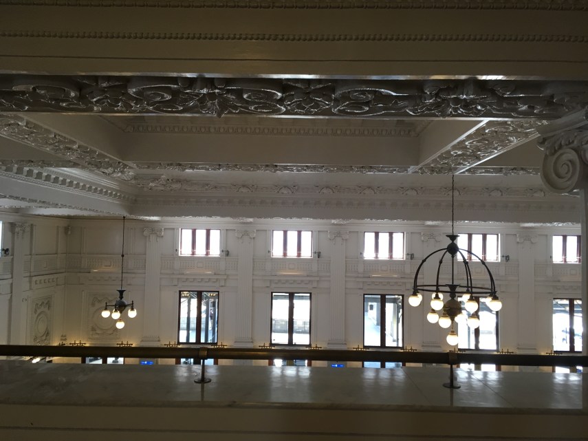 The upper floor at King Street Station and the central bronze candelabra