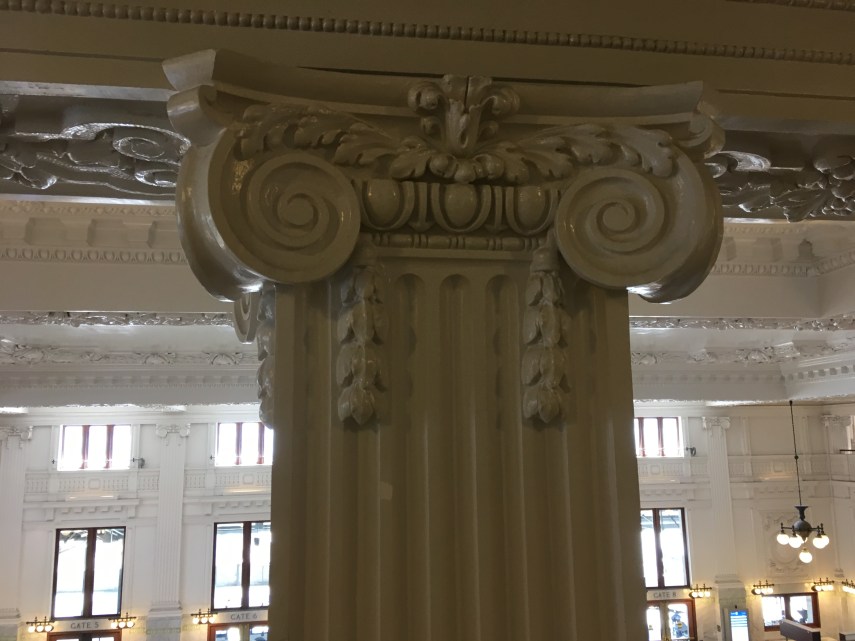 Detail of the column under the roof of Kings Street Station, Seattle.