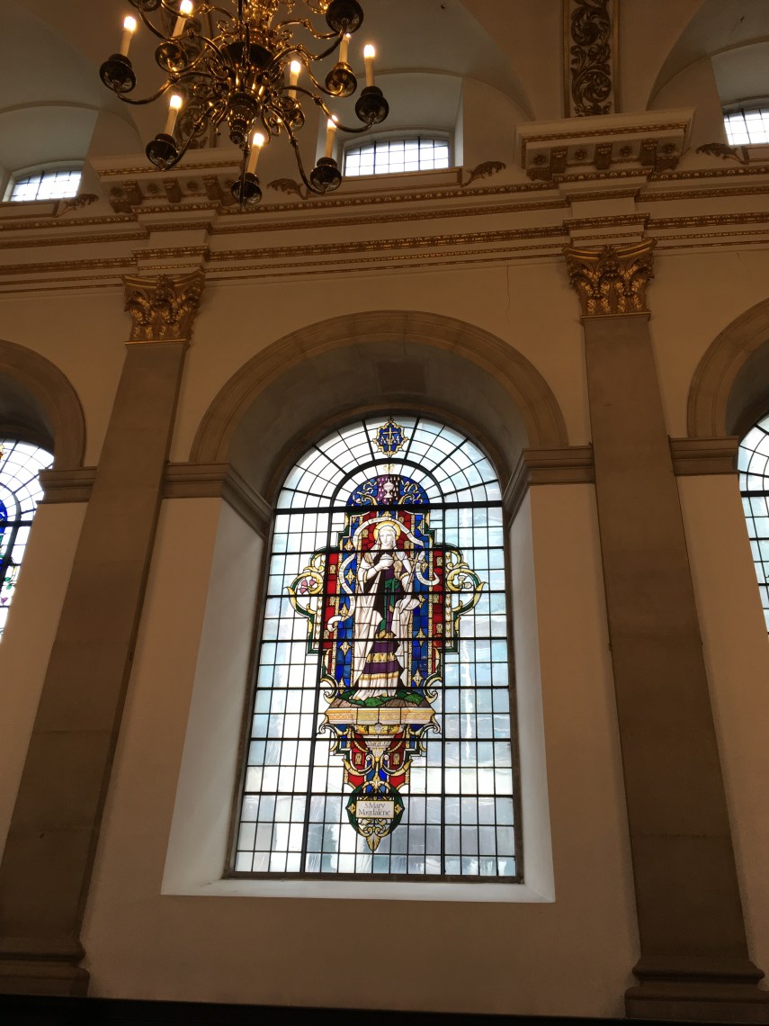 A stain glass window at St Lawrence Jewry Church at the Guildhall Yard