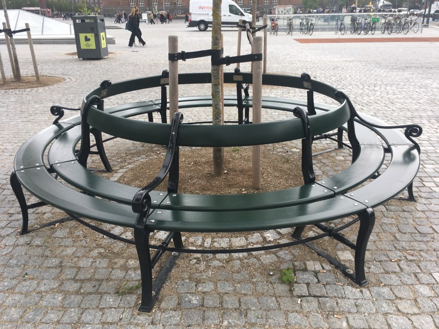 The old Copenhagen Benches put together in a circle at the Town Hall Square