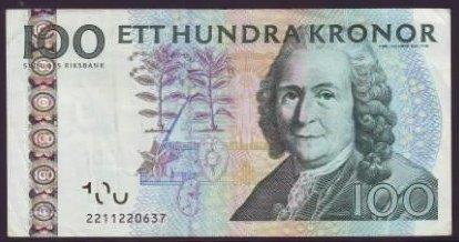 Swedish 100 kr med Linné from 1989-2016